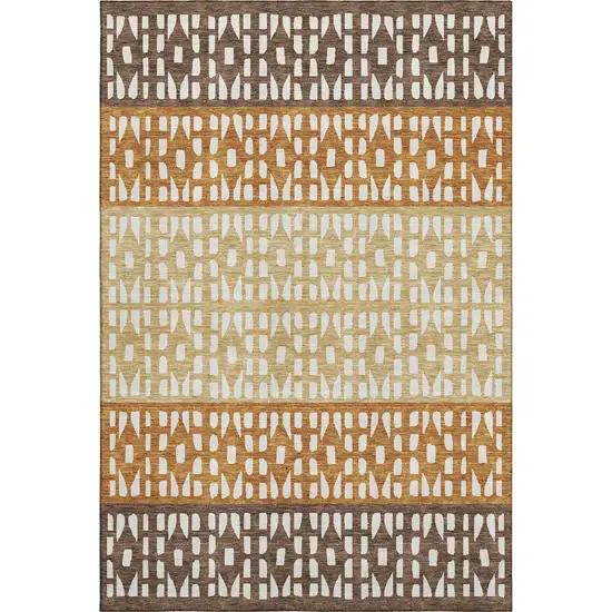 Coffee Copper And Ivory Geometric Washable Area Rug With UV Protection Photo 1