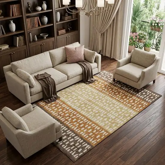 Coffee Copper And Ivory Geometric Washable Area Rug With UV Protection Photo 1