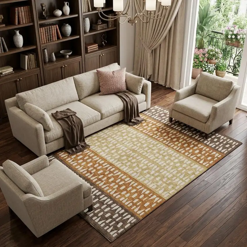 Coffee Copper And Ivory Geometric Washable Area Rug With UV Protection Photo 1
