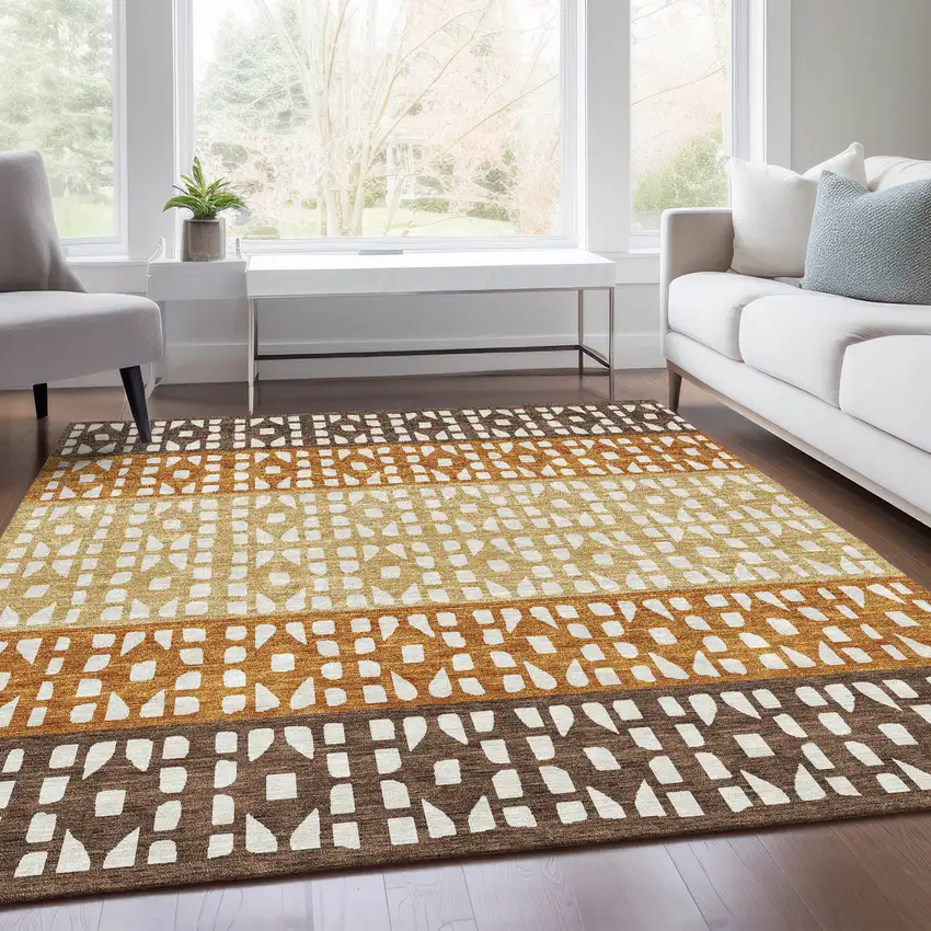 Coffee Copper And Ivory Geometric Washable Area Rug With UV Protection Photo 5