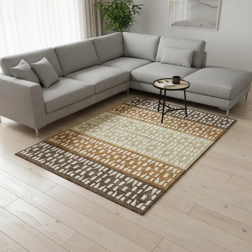 Coffee Copper And Ivory Geometric Washable Area Rug With UV Protection Photo 2