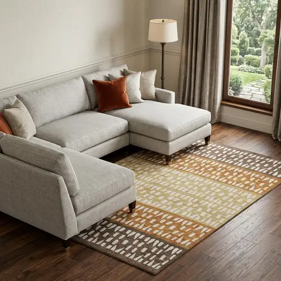 Coffee Copper And Ivory Geometric Washable Area Rug With UV Protection Photo 1