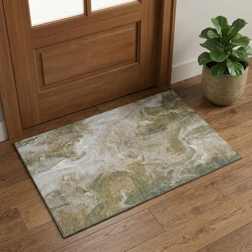 Coffee Copper And Silver Abstract Washable Area Rug With UV Protection Photo 1