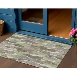 Photo of Coffee Fern Green And Khaki Striped Washable Indoor Outdoor Area Rug