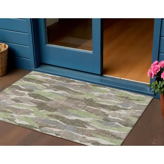 Coffee Fern Green And Khaki Striped Washable Indoor Outdoor Area Rug Photo 1
