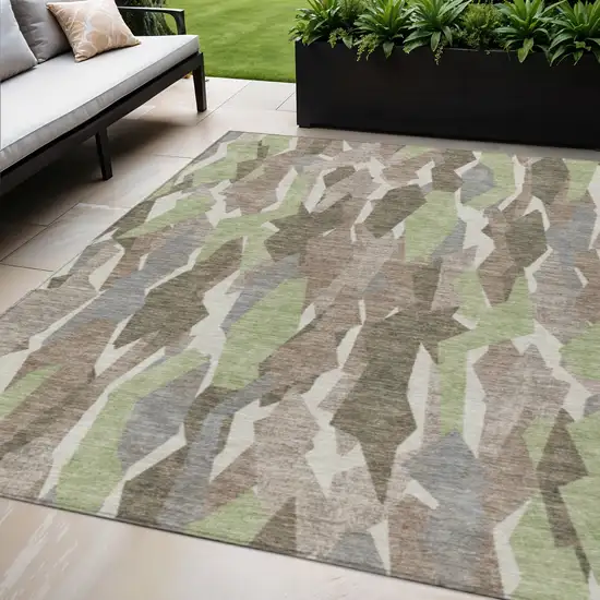 Coffee Fern Green And Khaki Striped Washable Indoor Outdoor Area Rug Photo 1