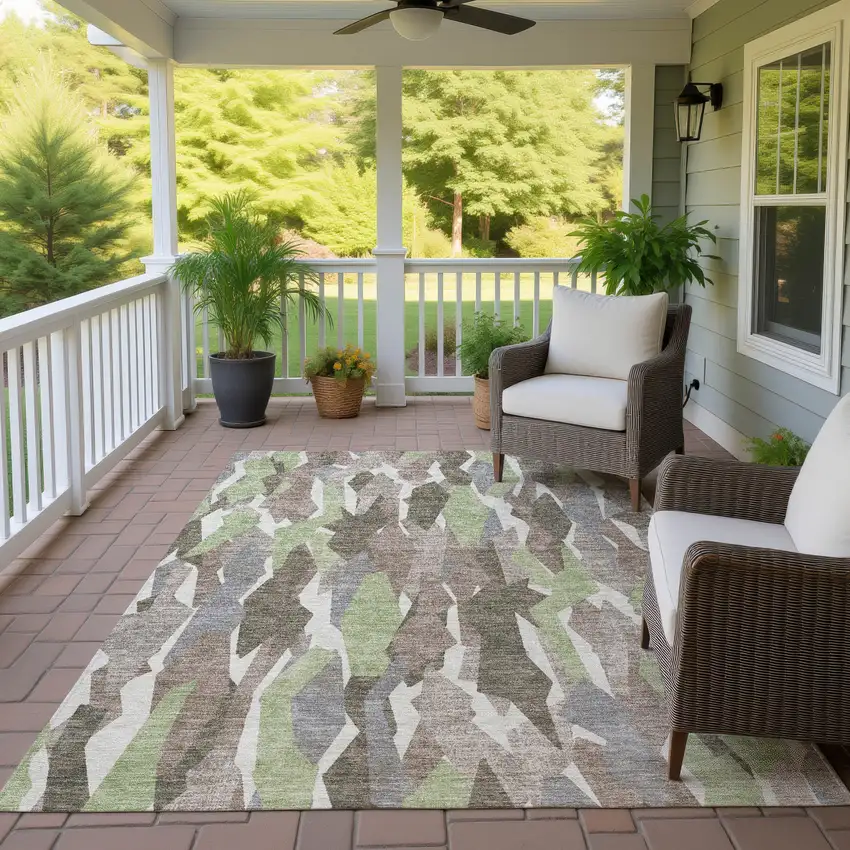 Coffee Fern Green And Khaki Striped Washable Indoor Outdoor Area Rug Photo 9