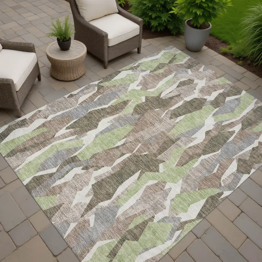 Coffee Fern Green And Khaki Striped Washable Indoor Outdoor Area Rug Photo 7