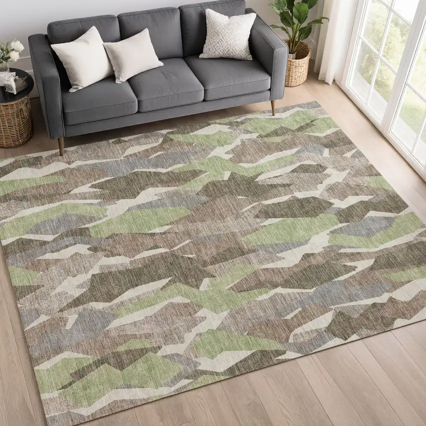 Coffee Fern Green And Khaki Striped Washable Indoor Outdoor Area Rug Photo 9