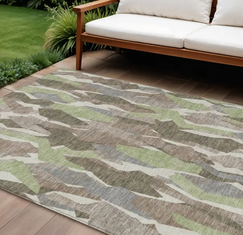 Coffee Fern Green And Khaki Striped Washable Indoor Outdoor Area Rug Photo 1