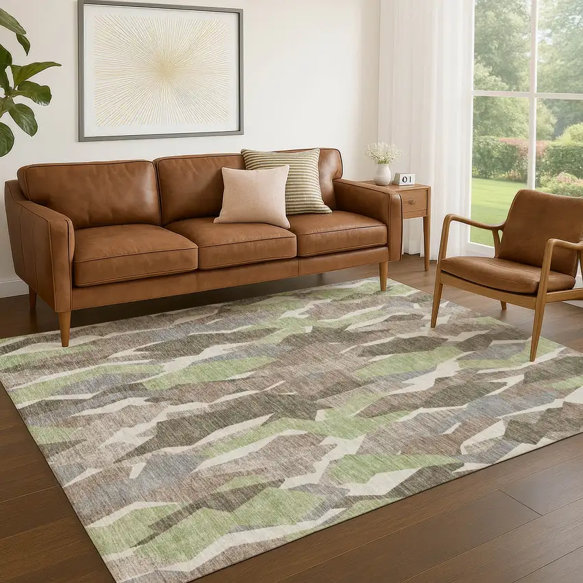 Coffee Fern Green And Khaki Striped Washable Indoor Outdoor Area Rug Photo 9