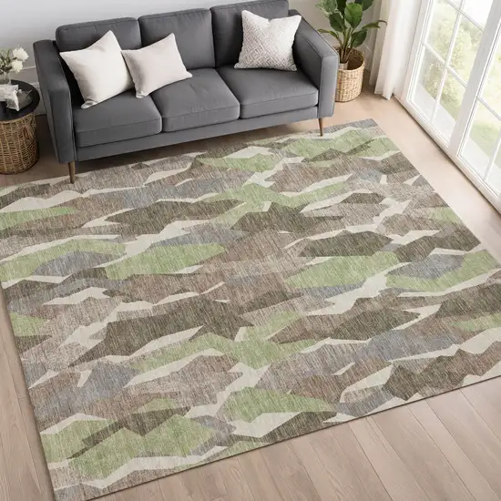 Coffee Fern Green And Khaki Striped Washable Indoor Outdoor Area Rug Photo 9