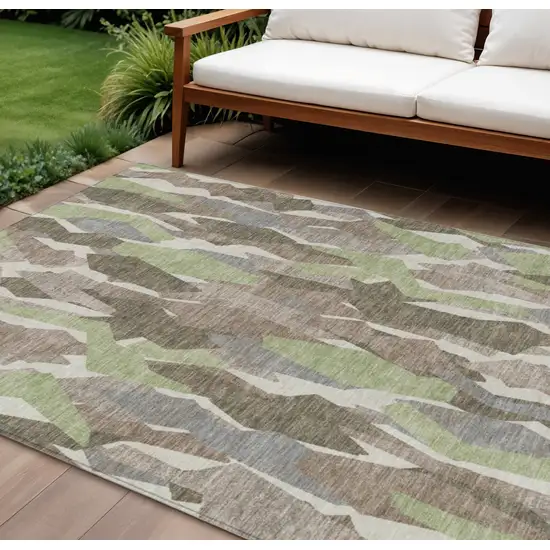 Coffee Fern Green And Khaki Striped Washable Indoor Outdoor Area Rug Photo 1