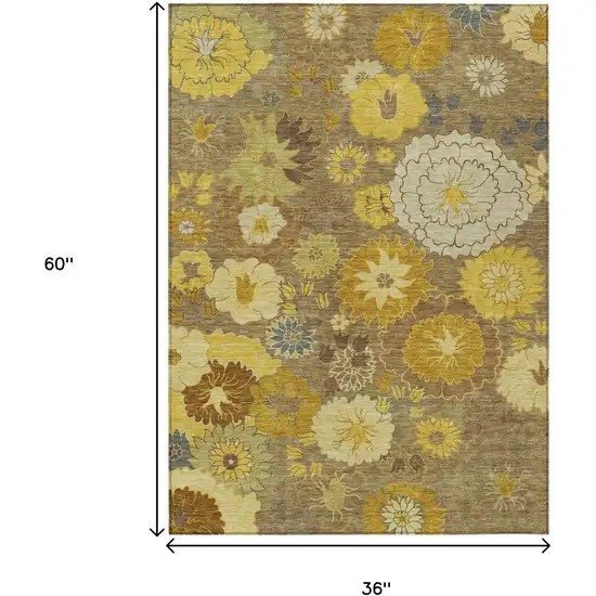 Coffee Gold And Beige Floral Washable Indoor Outdoor Area Rug Photo 3