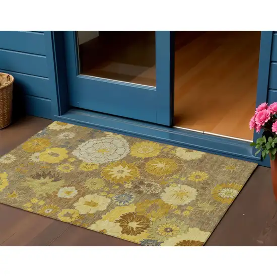 Coffee Gold And Beige Floral Washable Indoor Outdoor Area Rug Photo 1