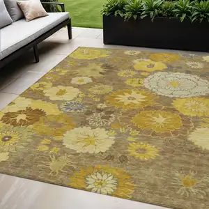 Photo of Coffee Gold And Beige Floral Washable Indoor Outdoor Area Rug