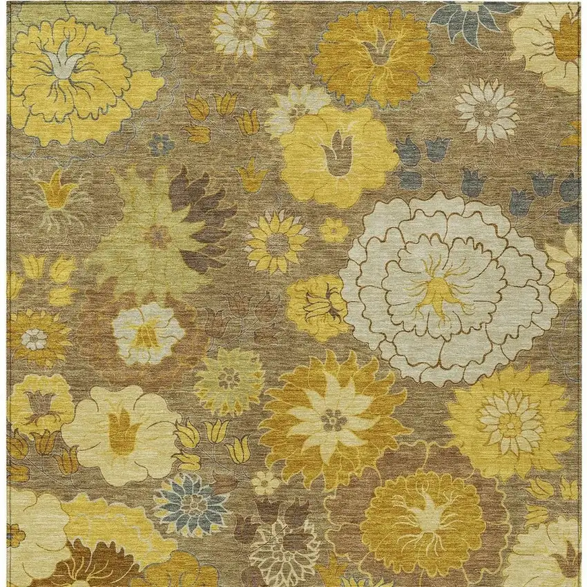 Coffee Gold And Beige Floral Washable Indoor Outdoor Area Rug Photo 4