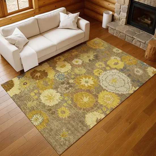 Coffee Gold And Beige Floral Washable Indoor Outdoor Area Rug Photo 9