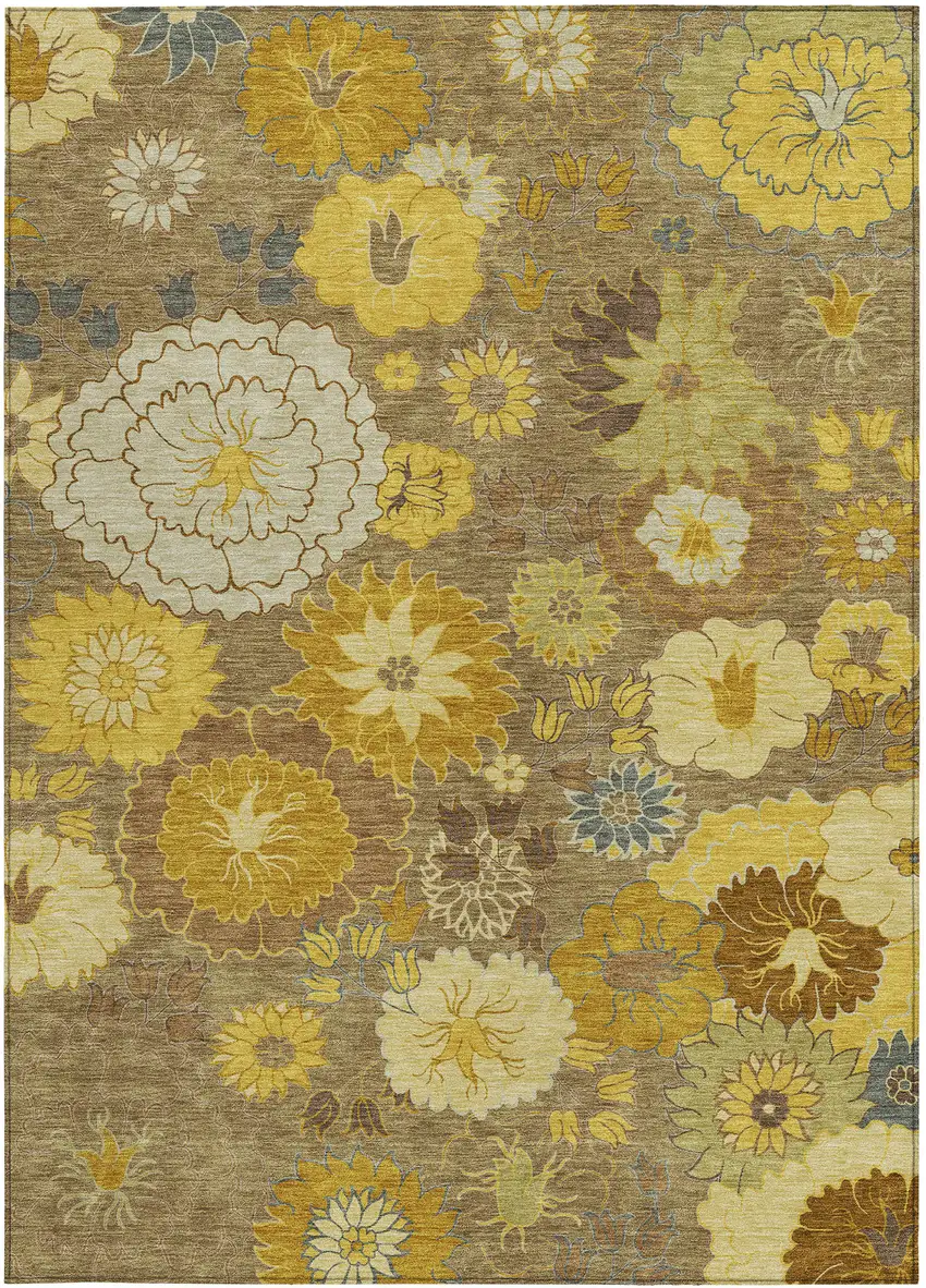 Coffee Gold And Beige Floral Washable Indoor Outdoor Area Rug Photo 5
