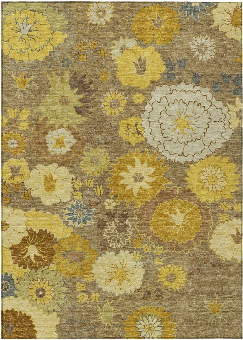 Coffee Gold And Beige Floral Washable Indoor Outdoor Area Rug Photo 2
