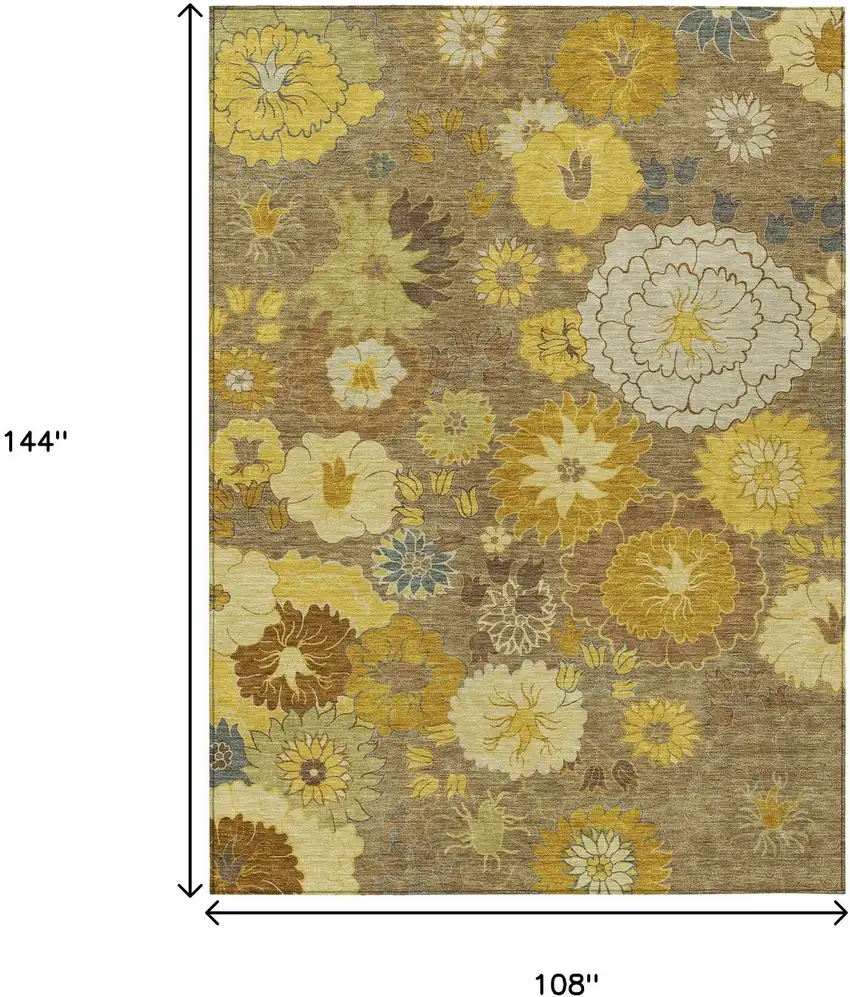 Coffee Gold And Beige Floral Washable Indoor Outdoor Area Rug Photo 3