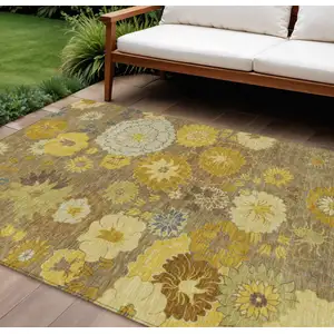 Photo of Coffee Gold And Beige Floral Washable Indoor Outdoor Area Rug