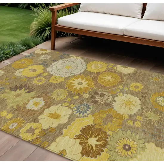 Coffee Gold And Beige Floral Washable Indoor Outdoor Area Rug Photo 1