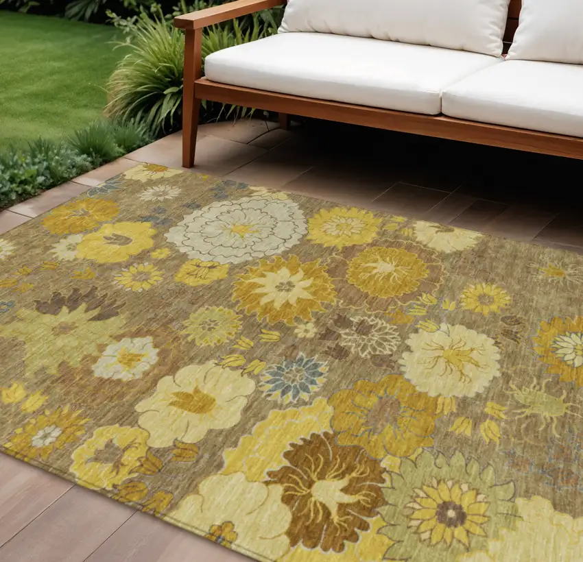 Coffee Gold And Beige Floral Washable Indoor Outdoor Area Rug Photo 1