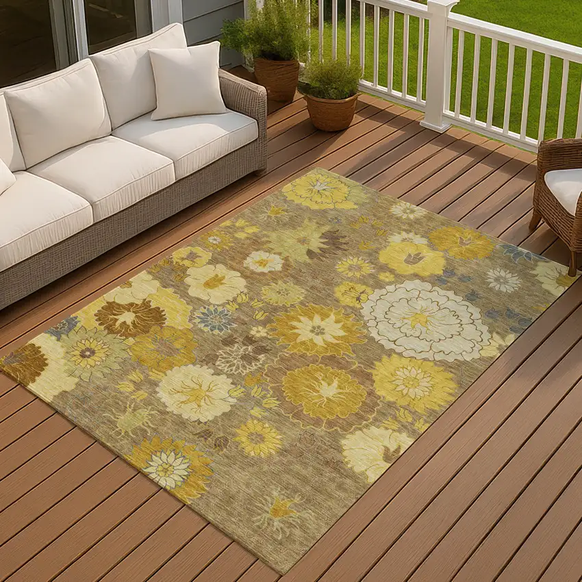 Coffee Gold And Beige Floral Washable Indoor Outdoor Area Rug Photo 9