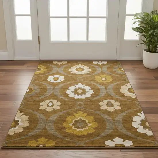 Coffee Gold And Beige Medallion Washable Area Rug With UV Protection Photo 2