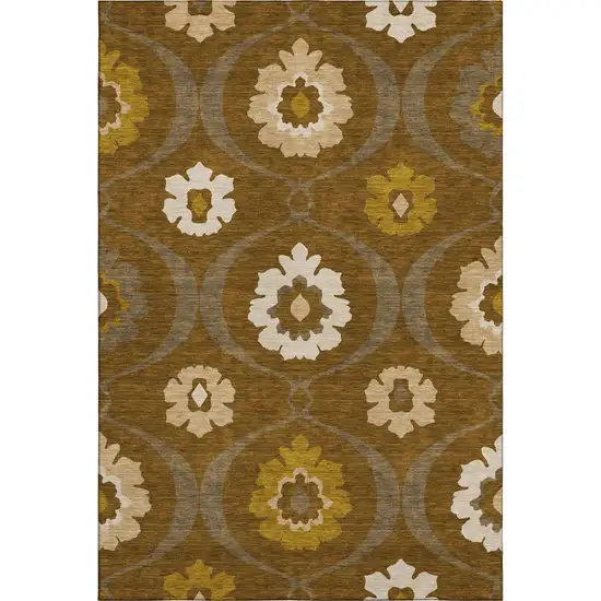 Coffee Gold And Beige Medallion Washable Area Rug With UV Protection Photo 1