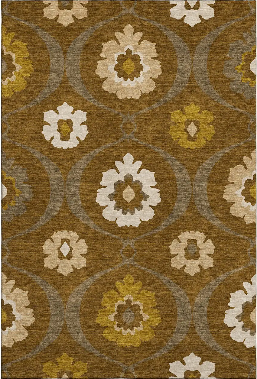 Coffee Gold And Beige Medallion Washable Area Rug With UV Protection Photo 1