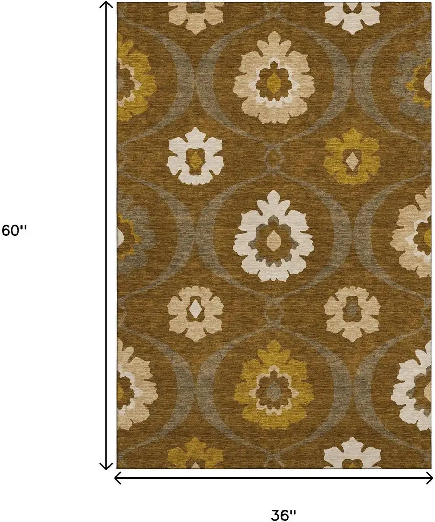 Coffee Gold And Beige Medallion Washable Area Rug With UV Protection Photo 3