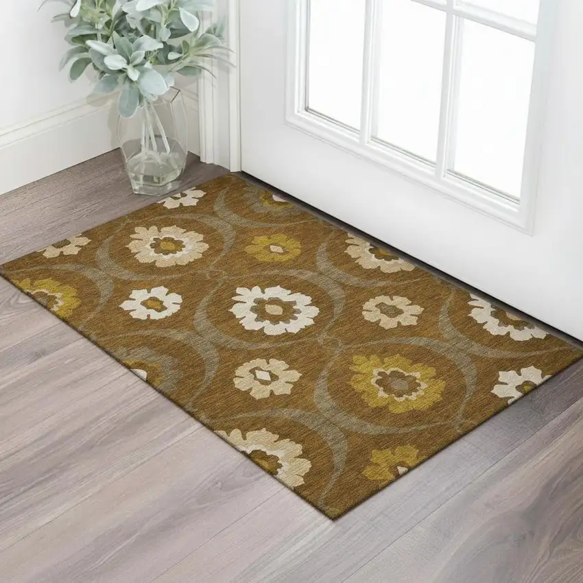 Coffee Gold And Beige Medallion Washable Area Rug With UV Protection Photo 1