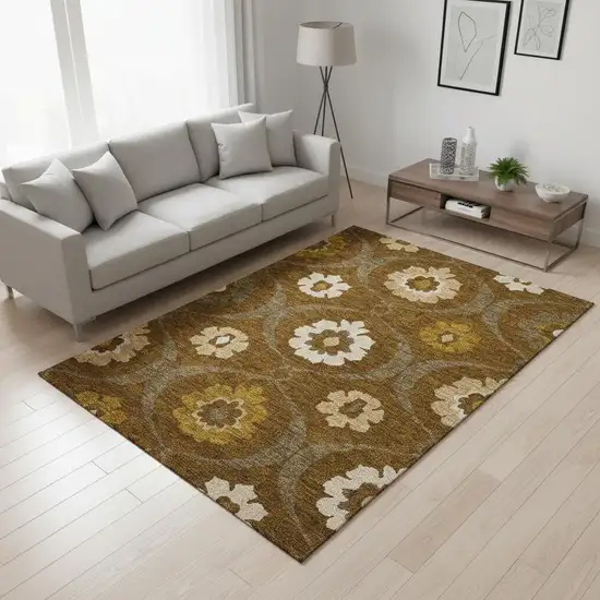 Coffee Gold And Beige Medallion Washable Area Rug With UV Protection Photo 2