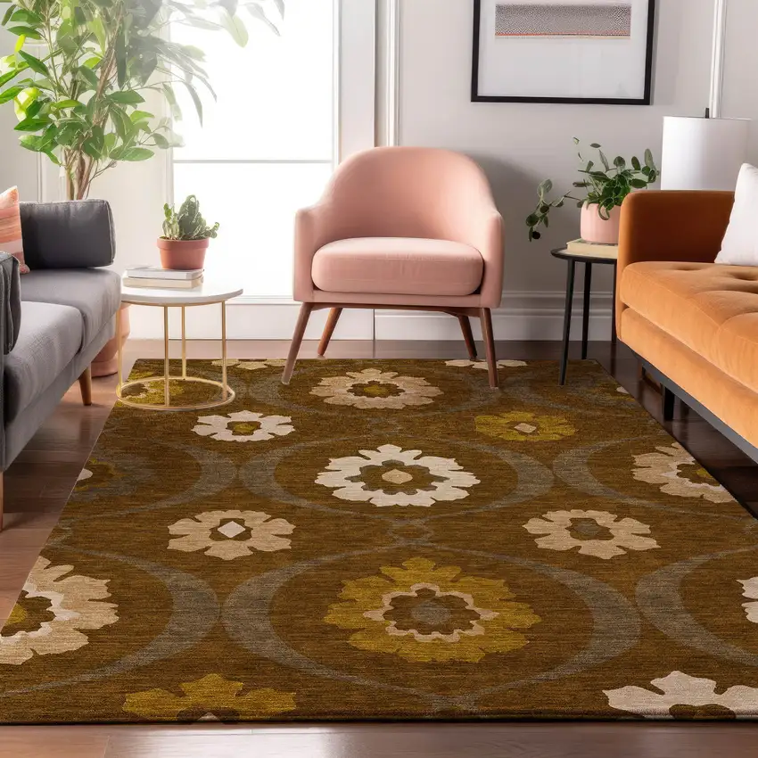 Coffee Gold And Beige Medallion Washable Area Rug With UV Protection Photo 5