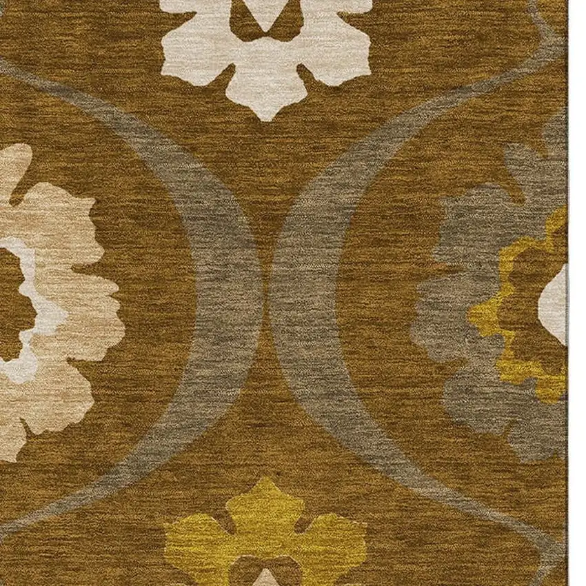 Coffee Gold And Beige Medallion Washable Area Rug With UV Protection Photo 3