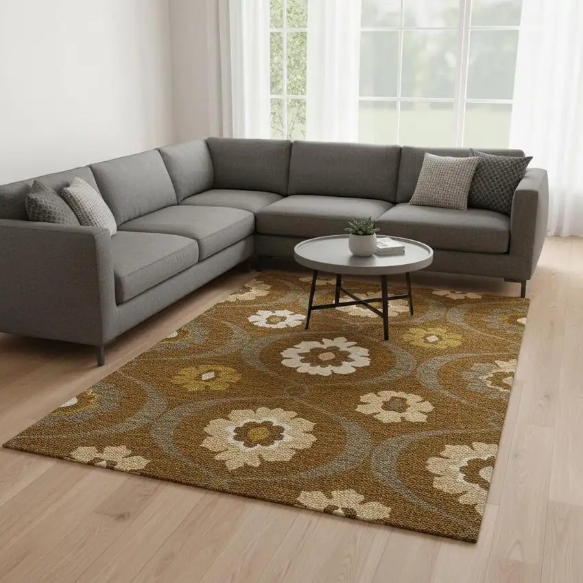 Coffee Gold And Beige Medallion Washable Area Rug With UV Protection Photo 2