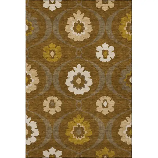 Coffee Gold And Beige Medallion Washable Area Rug With UV Protection Photo 4