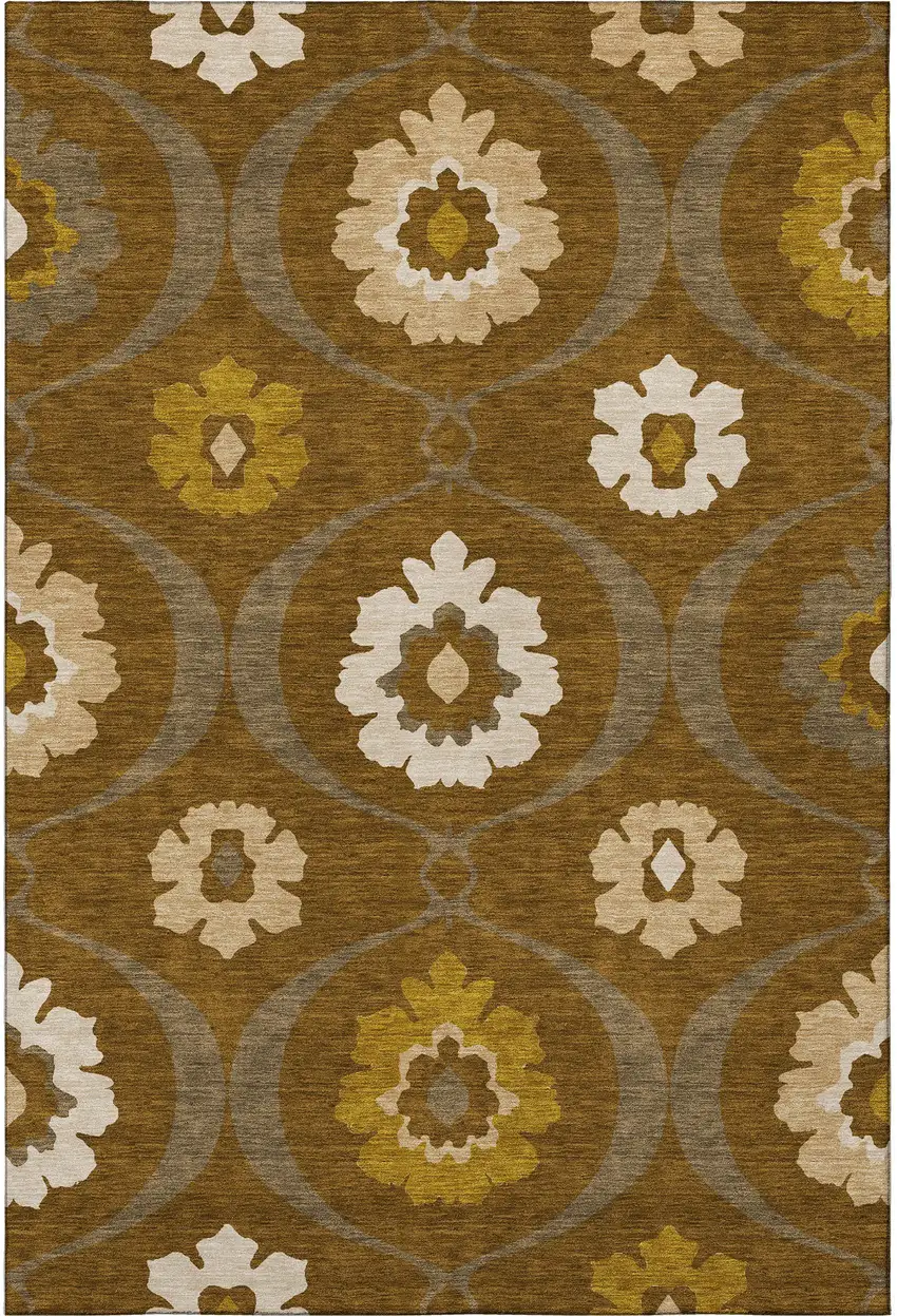 Coffee Gold And Beige Medallion Washable Area Rug With UV Protection Photo 4