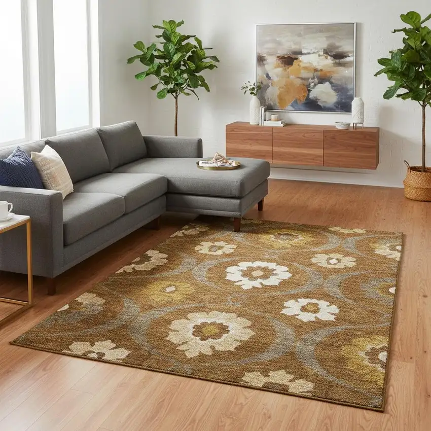 Coffee Gold And Beige Medallion Washable Area Rug With UV Protection Photo 2