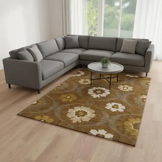 Coffee Gold And Beige Medallion Washable Area Rug With UV Protection Photo 2