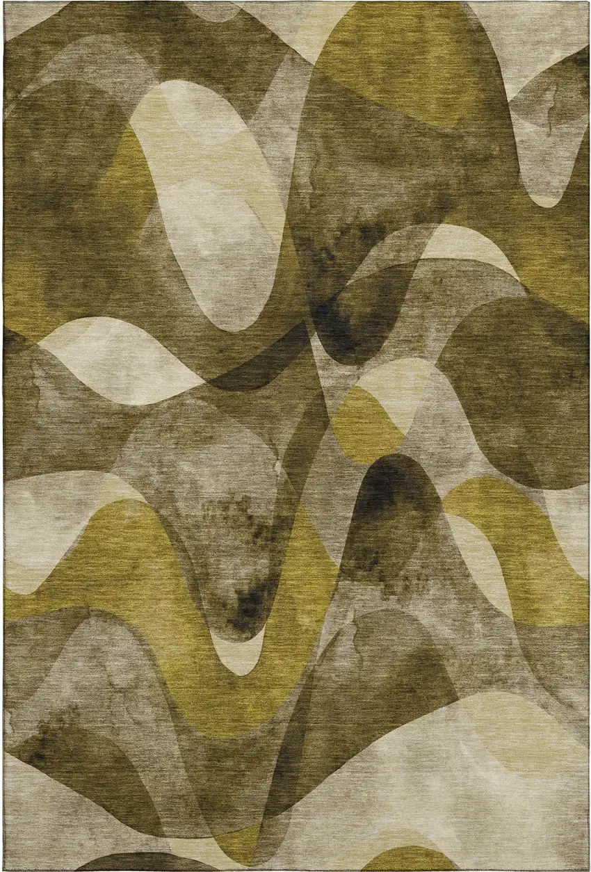 Coffee Gold And Ivory Abstract Washable Area Rug With UV Protection Photo 1