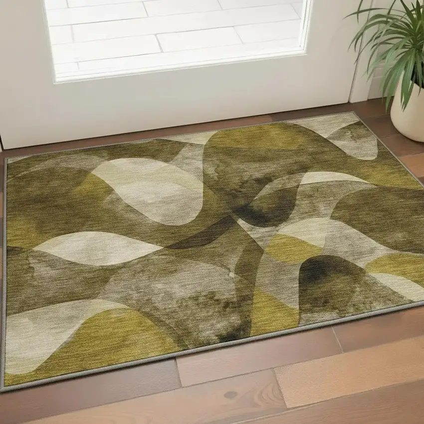 Coffee Gold And Ivory Abstract Washable Area Rug With UV Protection Photo 2