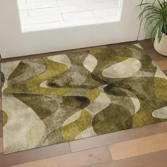 Coffee Gold And Ivory Abstract Washable Area Rug With UV Protection Photo 1