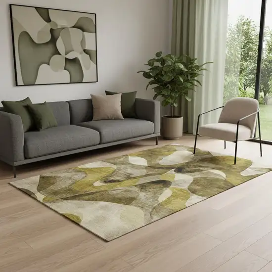 Coffee Gold And Ivory Abstract Washable Area Rug With UV Protection Photo 1