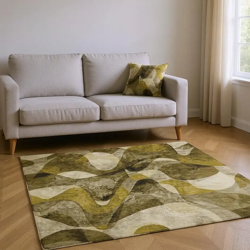 Coffee Gold And Ivory Abstract Washable Area Rug With UV Protection Photo 2