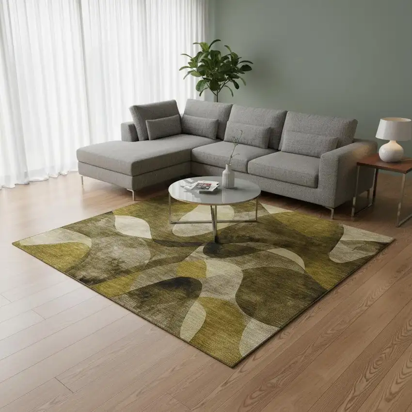 Coffee Gold And Ivory Abstract Washable Area Rug With UV Protection Photo 2