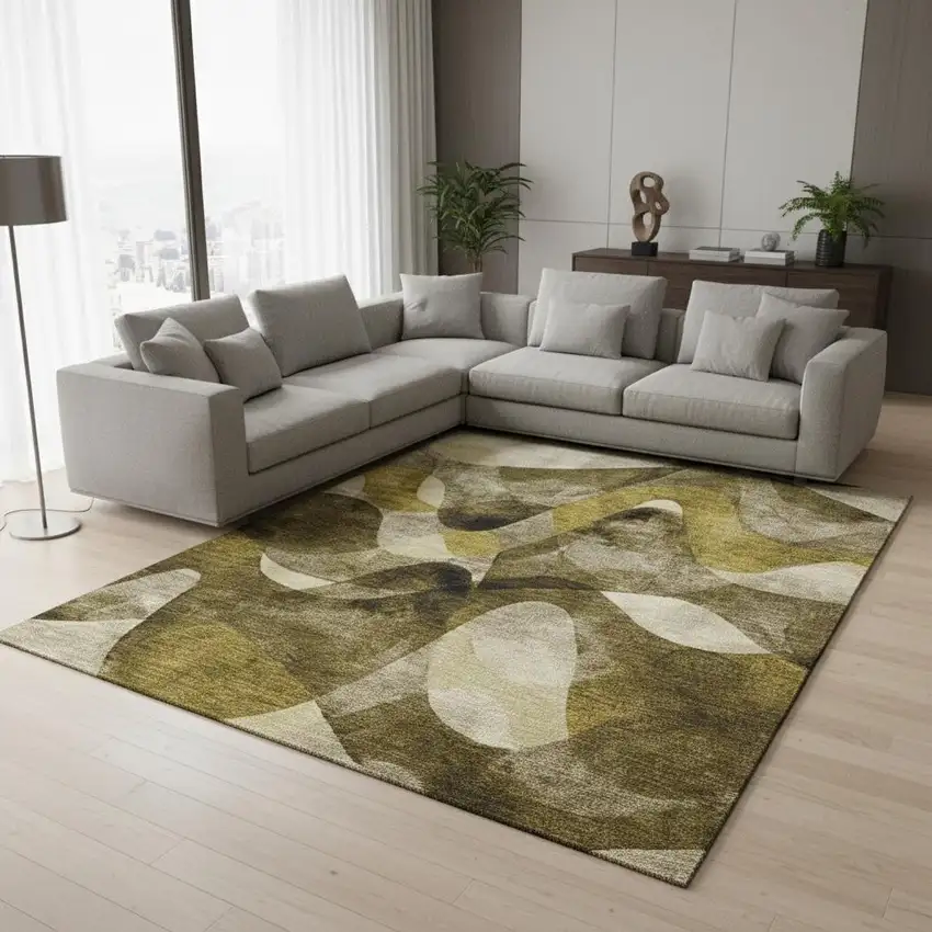 Coffee Gold And Ivory Abstract Washable Area Rug With UV Protection Photo 2