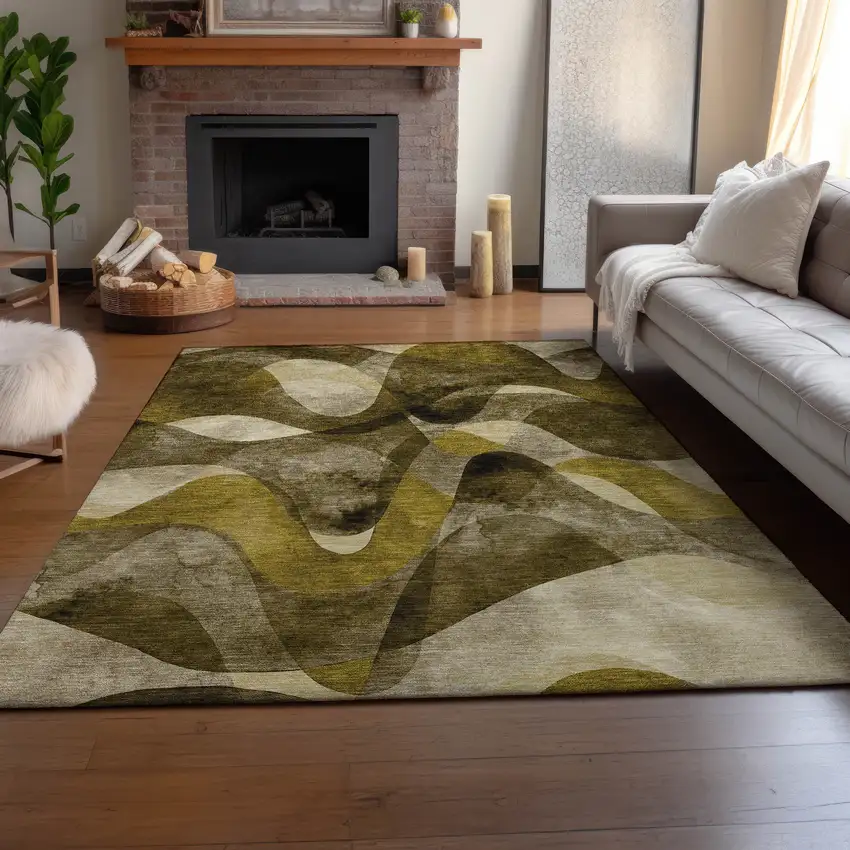 Coffee Gold And Ivory Abstract Washable Area Rug With UV Protection Photo 5